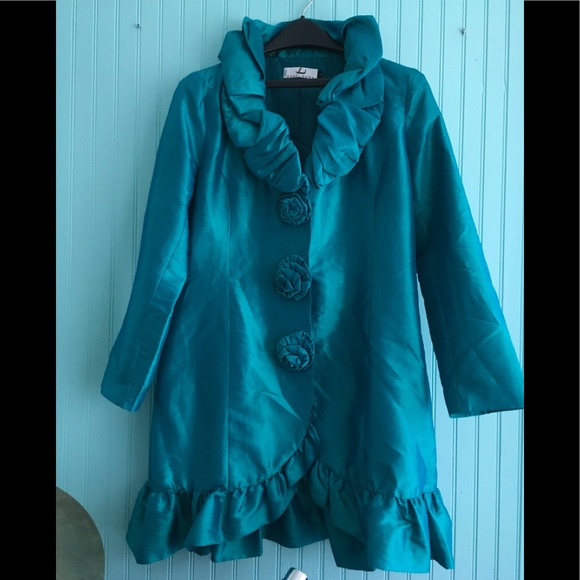 Rossi Roma Italy cotton polyester silk ruffled dressy long top sz L teal color - Picture 1 of 5